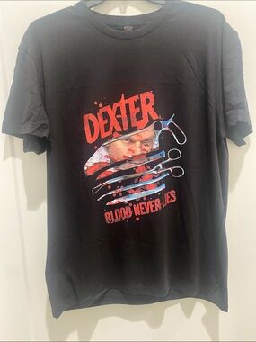 Dexter Black Graphic Tee with Red Logo and Multicolor Surgical Design